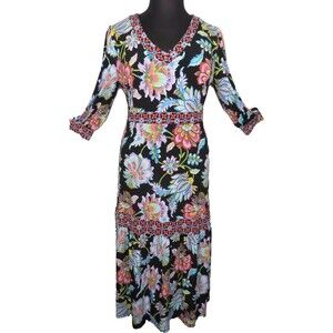 Susan Graver Passport Floral V Neck Tiered Maxi Dress Plus Size 1X Petite